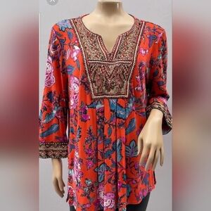 Soft Surroundings SZ M Colorful Floral V-Neck Beaded Pleated Inspired Tunic